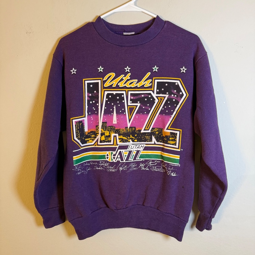 Vintage Utah Jazz Sweatshirt 90s NBA Super Shirts Purple Skyline Small Mens
